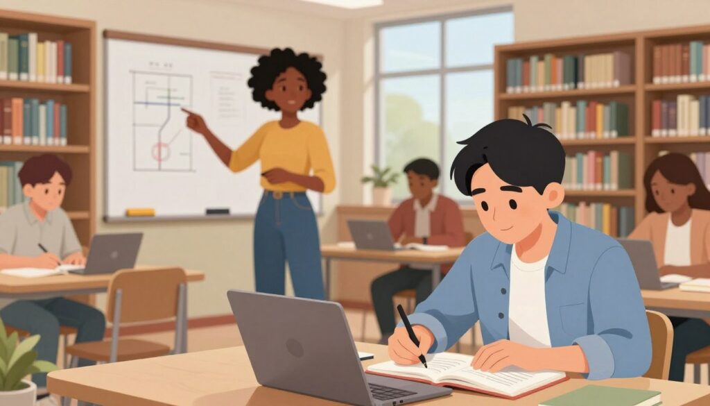 A serene study environment showcasing a diverse group of students engaged in their homework, embodying the theme of academic integrity. In the foreground, a focused Asian male student, dressed in smart casual attire, is reviewing a textbook while taking notes, with a laptop open beside him. In the middle, a confident Black female student explains a concept to her peers, gesturing towards a whiteboard that displays diagrams. The background reveals a well-lit library or study room filled with bookshelves lined with educational materials, soft natural light streaming through large windows, creating an inviting atmosphere. The overall mood is one of collaboration and support, highlighting the importance of integrity and authentic learning in a respectful and professional setting.
