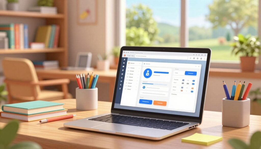 A sleek digital workspace showcasing various digital organization apps on a modern laptop screen in the foreground. The laptop is surrounded by neatly organized stationery, like colorful pens and sticky notes, contributing to an inviting atmosphere. In the middle ground, a cozy study environment is visible, with soft lighting illuminating a well-arranged bookshelf and a comfortable chair. In the background, a large window provides a view of a serene, sunlit garden, adding a touch of tranquility. The scene conveys a productive yet relaxed mood, ideal for studying and planning. Use a warm color palette to enhance the inviting feel, and employ a shallow depth of field to focus on the laptop while softly blurring the background elements for a professional finish. A sleek digital workspace showcasing various digital organization apps on a modern laptop screen in the foreground. The laptop is surrounded by neatly organized stationery, like colorful pens and sticky notes, contributing to an inviting atmosphere. In the middle ground, a cozy study environment is visible, with soft lighting illuminating a well-arranged bookshelf and a comfortable chair. In the background, a large window provides a view of a serene, sunlit garden, adding a touch of tranquility. The scene conveys a productive yet relaxed mood, ideal for studying and planning. Use a warm color palette to enhance the inviting feel, and employ a shallow depth of field to focus on the laptop while softly blurring the background elements for a professional finish.
