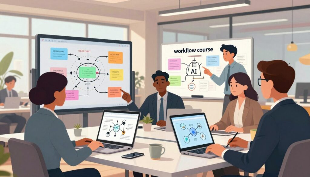 A vibrant and engaging workspace illustrating a "workflow course" focused on AI education. In the foreground, a sleek modern desk is adorned with open laptops displaying neural network diagrams and learning modules. A diverse group of professionals in professional business attire are actively collaborating, pointing at screens and discussing ideas. In the middle ground, large whiteboards filled with colorful flowcharts and notes track the progression of AI concepts. The background features a bright, open office space with large windows allowing natural light to flood in, enhancing the atmosphere of innovation and creativity. Soft shadows create a dynamic yet focused environment, with a warm color palette that conveys enthusiasm and productivity. The camera angle captures the vibrancy and synergy of this contemporary learning atmosphere.