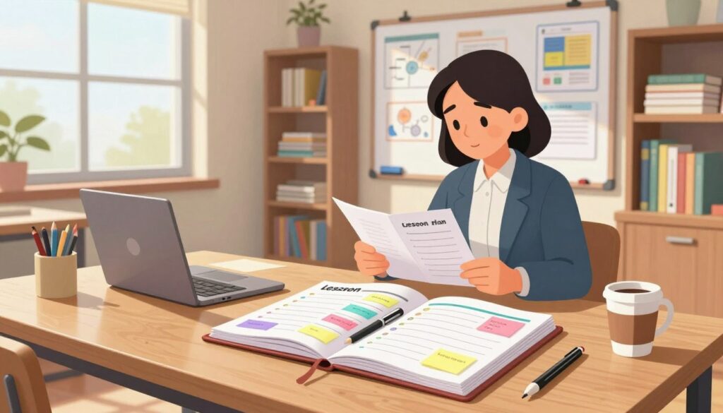 A vibrant and organized workspace scene focusing on a lesson plan layout. In the foreground, a neatly arranged wooden table displays an open lesson planner filled with colorful sticky notes, pens, and a laptop. Nearby, a cup of coffee adds a personal touch. In the middle ground, a teacher, dressed in professional attire, reviews materials while looking thoughtfully at the planner. Behind them, a whiteboard showcases diagrams and educational posters, bathed in soft, natural light filtering through a large window. The background features bookshelves filled with teaching resources, creating a warm, inviting atmosphere. The overall mood is one of productivity and creativity, highlighting the streamlined lesson planning process.