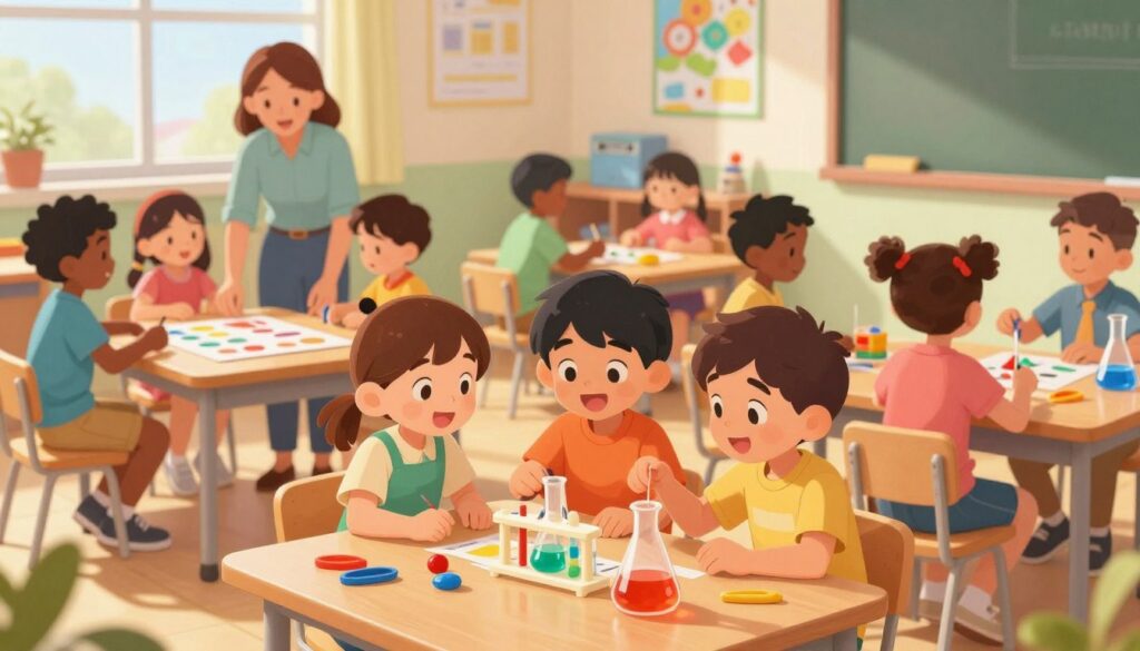 A vibrant classroom scene filled with diverse children actively engaged in hands-on learning activities. In the foreground, a group of three children, dressed in colorful, modest casual clothing, work together on a science experiment, their faces lit up with curiosity and excitement. In the middle ground, a teacher enthusiastically guides another small group through an interactive math game using educational tools. The background features bright educational posters and a window with natural sunlight streaming in, creating a warm and inviting atmosphere. The composition is shot with a slightly elevated angle to capture the immersive experience of active learning. The mood is energetic and collaborative, emphasizing teamwork and discovery in education.
