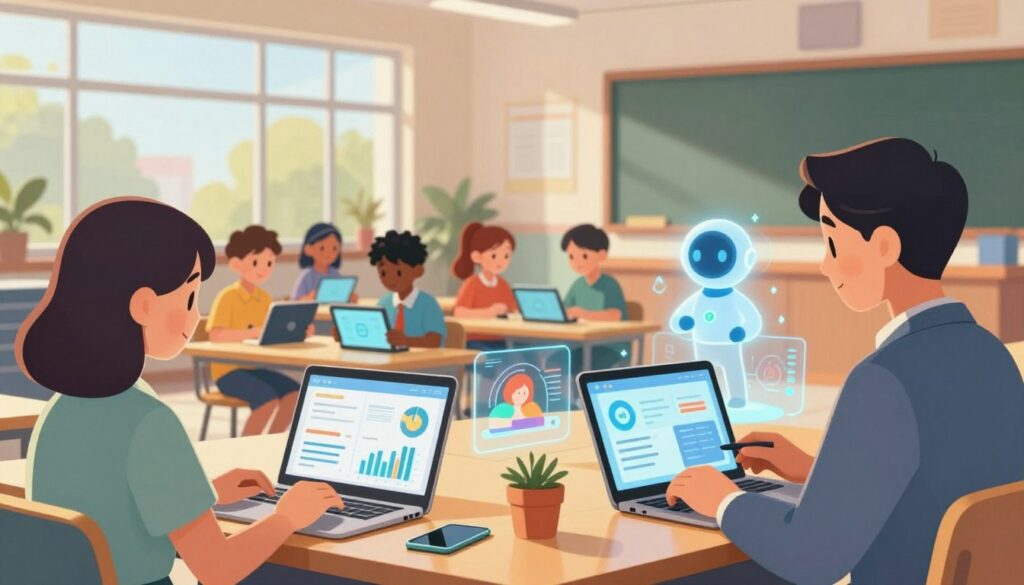 A vibrant illustration showcasing various AI use cases tailored for school districts. In the foreground, two educators in professional attire engage with digital devices, analyzing data. The middle ground highlights a diverse group of students using tablets to learn, with visual representations of AI technology like charts and virtual assistants emerging from their screens. The background features a modern school building with large windows, symbolizing innovation and openness. The scene is illuminated by warm, natural light streaming in, creating an inviting atmosphere. A soft focus on futuristic elements, such as holographic displays of educational resources and AI analytics, adds depth. The overall mood is inspiring and collaborative, emphasizing the potential of AI to enhance learning experiences. A vibrant illustration showcasing various AI use cases tailored for school districts. In the foreground, two educators in professional attire engage with digital devices, analyzing data. The middle ground highlights a diverse group of students using tablets to learn, with visual representations of AI technology like charts and virtual assistants emerging from their screens. The background features a modern school building with large windows, symbolizing innovation and openness. The scene is illuminated by warm, natural light streaming in, creating an inviting atmosphere. A soft focus on futuristic elements, such as holographic displays of educational resources and AI analytics, adds depth. The overall mood is inspiring and collaborative, emphasizing the potential of AI to enhance learning experiences.