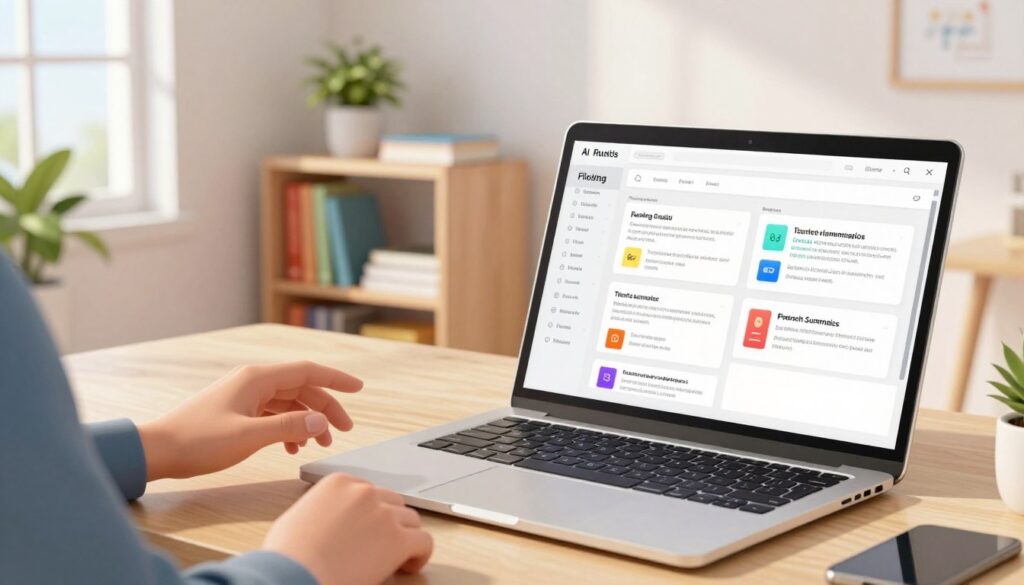 A visually engaging workspace featuring AI-driven summaries and flashcards. In the foreground, an open laptop displays a digital dashboard with neatly organized flashcards and summary blocks. To the left, a hand reaches out toward the laptop, indicating interaction. In the middle, a sleek bookshelf filled with colorful study materials and a potted plant adds a touch of warmth. The background shows a bright, minimalist room with soft natural lighting streaming in through a window, creating a calm and inviting atmosphere. The composition captures a mood of productivity and innovation, using a slightly elevated angle to emphasize the workspace's modern design. The scene subtly reflects a transformative learning workflow enhanced by technology.