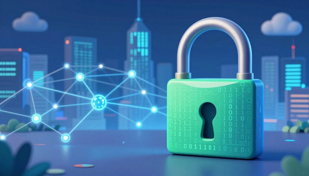A visually striking representation of data privacy and security, featuring a digital lock symbolizing protection against cyber threats in the foreground, rendered in vibrant blue and green hues. In the middle ground, a network of interconnected nodes and binary code reflects the complexity of data flow, with soft glowing lines suggesting connectivity and transactions. The background is a modern abstract depiction of a city skyline composed of data streams and digital clouds, illuminated by soft ambient lighting that conveys a sense of trust and safety. The scene is seen from a slightly elevated angle to give depth. The overall mood should be professional and reassuring, emphasizing the importance of ethical AI implementation in education while maintaining a sense of innovation and security.