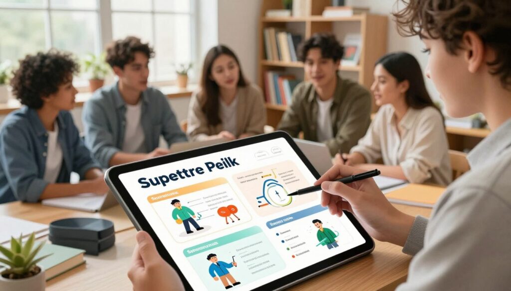 A well-organized student profile plan on a digital tablet, displayed prominently in the foreground, showcasing colorful infographics and crucial data points. In the middle ground, a diverse group of students, dressed in professional business casual attire, engaged in collaborative discussion, with expressions of focus and enthusiasm. The background features a creative workspace with bookshelves filled with educational material, soft natural lighting filtering through large windows, giving a warm, inviting atmosphere. The camera angle should be slightly elevated, providing an overview of the student profile plan and the engaged learners, conveying a sense of productivity and motivation, ideal for a supportive learning environment. The overall mood is inspirational and forward-thinking, emphasizing the importance of preparation and collaboration in education.