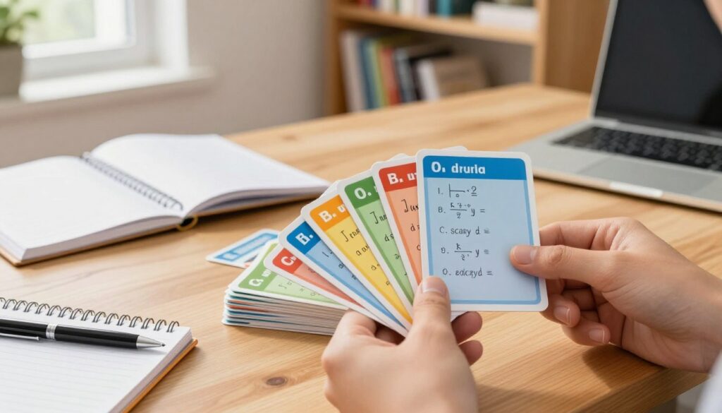 A well-organized study space featuring a stack of active recall flashcards, showcasing various subjects like mathematics and history. In the foreground, a pair of hands is seen flipping through the cards, with vibrant colors and clear handwriting visible on each card. The middle of the image includes a stylish wooden desk scattered with additional study materials like a notebook, pen, and a laptop, illuminated by warm, natural light coming from a nearby window. In the background, a cozy bookshelf filled with educational resources creates a scholarly atmosphere. The overall mood is focused and productive, aimed at conveying the essence of effective learning strategies in education. The scene is captured with a shallow depth of field, emphasizing the flashcards and hands while softly blurring the background.
