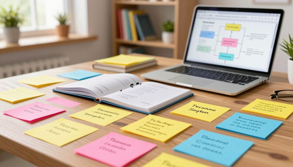 A well-organized study space featuring a variety of colorful notes and summarizations scattered across a wooden desk. In the foreground, a close-up of neatly arranged sticky notes in bright hues—pink, yellow, and blue—featuring key concepts and bullet points written in clear black ink. The middle layer shows an open notebook filled with organized, handwritten notes, alongside a sleek laptop with a bright screen displaying interactive flowcharts. In the background, a soft-focus bookshelf filled with educational books and vibrant plants, allowing natural light to stream in through a nearby window, creating a warm and inviting atmosphere. The image captures a sense of focus and efficiency, ideal for showcasing innovative note-taking techniques in a contemporary study environment.