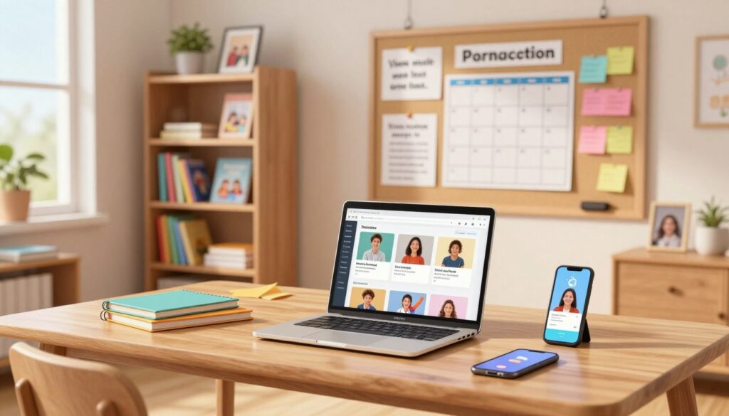 A well-organized workspace featuring essential communication tools for parents and educators. In the foreground, a modern wooden desk displays a laptop open to a family learning platform, colorful notebooks, and a smartphone with video call software. In the middle ground, a bulletin board is filled with motivational quotes, schedules, and colorful sticky notes. The background shows a cozy, well-lit room with bookshelves filled with educational resources and family photos, creating an inviting atmosphere. Soft, natural light streams in through a window, giving the space a warm, inspiring feel. The mood is focused and supportive, ideal for aiding parents in communication and collaboration with educators.