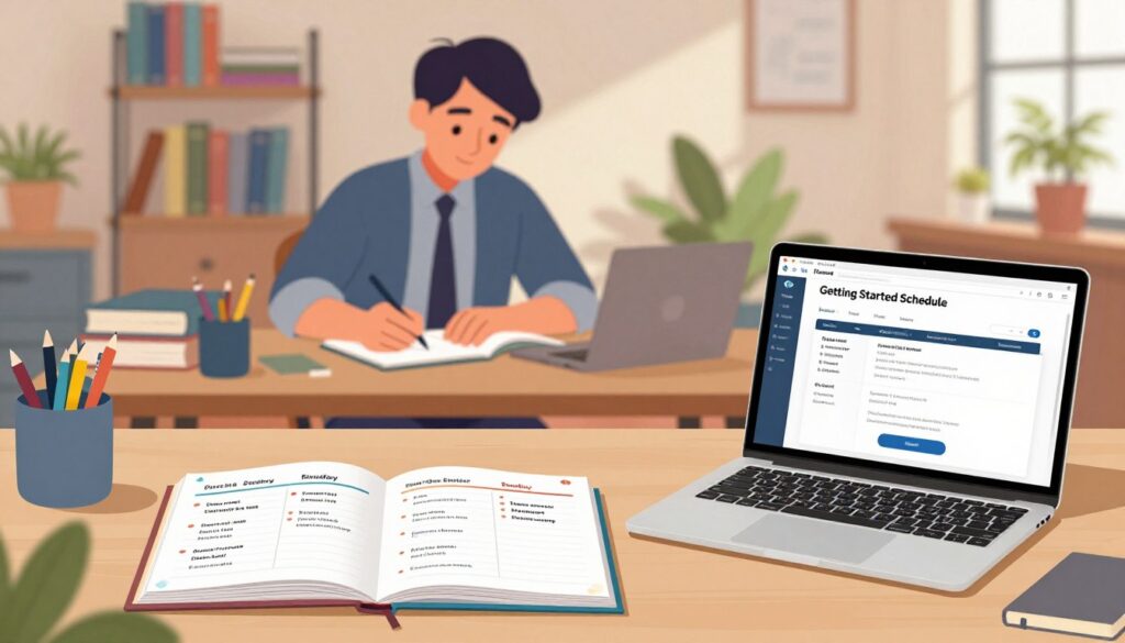 A workspace scene illustrating a "Getting Started Schedule" for students using FlowScholar.com. In the foreground, a neatly organized desk features a colorful planner open to a weekly layout, with bullet points detailing study topics and deadlines. A laptop displays the FlowScholar website, showcasing a user-friendly interface. In the middle layer, a focused student in business casual attire is deeply engaged, jotting down notes while surrounded by textbooks and stationery. The background features a cozy study environment with shelves of books, a plant, and soft, natural lighting filtering through a window, creating an inviting and motivating atmosphere. The overall mood is productive and inspiring, capturing the essence of effective study planning.
