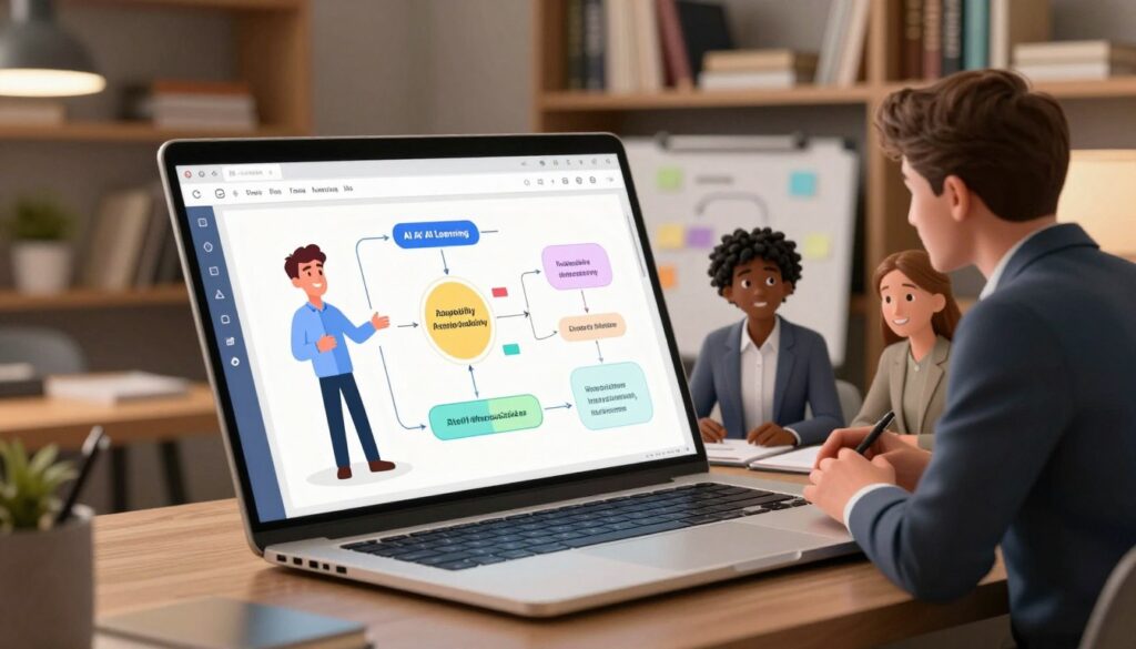 An innovative AI learning platform interface displayed on a sleek, modern laptop screen in a cozy study environment. In the foreground, a diverse group of three professionals—two men and one woman—are engaged in a focused discussion, dressed in smart business attire. The middle ground features a whiteboard filled with colorful diagrams and flowcharts illustrating key features of AI learning, such as adaptability and interactivity. In the background, bookshelves filled with educational resources and soft ambient lighting create a serene atmosphere. The lighting is warm and inviting, accentuating the collaborative spirit of modern learning. The angle is slightly tilted to emphasize both the laptop and the engaged individuals, capturing an inspiring moment of knowledge sharing in action.