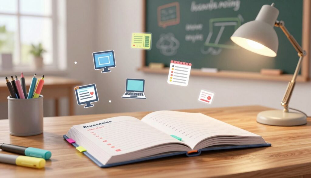 A beautifully organized teacher planner lies open on a polished wooden desk, showcasing colorful tabs and neatly written lesson plans. In the foreground, a cup of pens and highlighters adds a creative touch, while an elegant desk lamp casts a warm glow, enhancing the inviting atmosphere. In the middle ground, soft-focus icons of digital tools for academic planning hover in the air, symbolizing organization and efficiency, reflecting modern teaching methods. The background features a chalkboard filled with colorful diagrams and motivational quotes about learning. The scene is bathed in soft, natural lighting from a nearby window, creating a calm and inspiring mood for educators. Overall, the image embodies the essence of effective academic planning and organization.