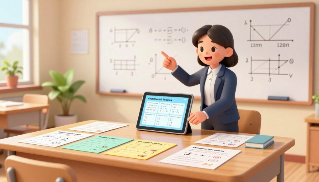 A bright and inviting classroom setting as the foreground, featuring a large wooden desk filled with vibrant, colorful worksheets showcasing diverse math problems. In the middle, a teacher, dressed in professional attire, enthusiastically adjusts a digital tablet displaying examples of customized practice problems. Behind them, an educational whiteboard is filled with various math equations and diagrams, reflecting different difficulty levels tailored for students’ needs. Soft natural lighting pours through a window, creating a warm and inspiring atmosphere, while a few plants add a touch of life to the scene. The camera angle focuses on the teacher's engagement with the materials, emphasizing the theme of customization and support in math education. A bright and inviting classroom setting as the foreground, featuring a large wooden desk filled with vibrant, colorful worksheets showcasing diverse math problems. In the middle, a teacher, dressed in professional attire, enthusiastically adjusts a digital tablet displaying examples of customized practice problems. Behind them, an educational whiteboard is filled with various math equations and diagrams, reflecting different difficulty levels tailored for students’ needs. Soft natural lighting pours through a window, creating a warm and inspiring atmosphere, while a few plants add a touch of life to the scene. The camera angle focuses on the teacher's engagement with the materials, emphasizing the theme of customization and support in math education.