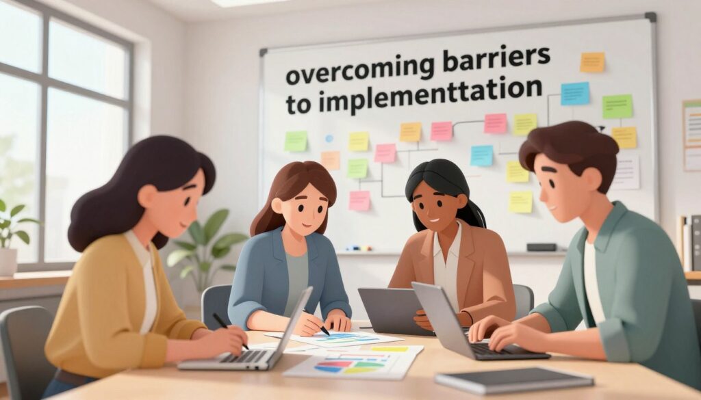 A bright and inviting office space symbolizes "overcoming barriers to implementation." In the foreground, a diverse group of three professionals—two women and one man—are collaborating around a large table, analyzing charts and digital devices, dressed in smart casual attire. Their expressions convey focus and determination. In the middle ground, a large whiteboard covered with colorful sticky notes represents ideas being transformed into actionable plans. The background features a window that lets in natural light, illuminating the room and creating a fresh atmosphere. The overall mood is one of positivity and teamwork, where challenges are met with innovative solutions. The image is captured from a low angle to emphasize the professionals’ engagement, with soft shadows to enhance depth, reflecting a productive and supportive environment for academic planning. A bright and inviting office space symbolizes "overcoming barriers to implementation." In the foreground, a diverse group of three professionals—two women and one man—are collaborating around a large table, analyzing charts and digital devices, dressed in smart casual attire. Their expressions convey focus and determination. In the middle ground, a large whiteboard covered with colorful sticky notes represents ideas being transformed into actionable plans. The background features a window that lets in natural light, illuminating the room and creating a fresh atmosphere. The overall mood is one of positivity and teamwork, where challenges are met with innovative solutions. The image is captured from a low angle to emphasize the professionals’ engagement, with soft shadows to enhance depth, reflecting a productive and supportive environment for academic planning.