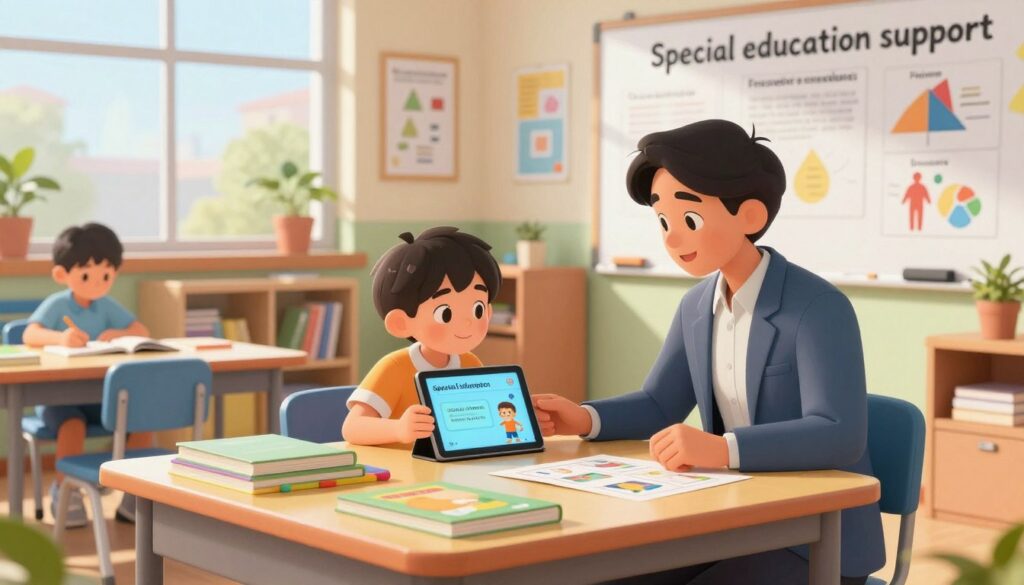 A bright, inviting classroom scene highlighting "special education support" for diverse learners. In the foreground, a dedicated tutor in professional attire sits at a colorful desk with various learning materials, including books and visual aids. The tutor is engaged with a young student who appears focused while using a tablet displaying educational software, illustrating the integration of AI insights. In the middle ground, supportive resources like educational posters and a whiteboard filled with diagrams emphasize learning strategies tailored for special needs. The background features sunlight streaming through large windows, creating a warm and encouraging atmosphere, with plants and organized shelving adding a touch of homeliness. The overall mood conveys collaboration, empowerment, and innovation in special education. A bright, inviting classroom scene highlighting "special education support" for diverse learners. In the foreground, a dedicated tutor in professional attire sits at a colorful desk with various learning materials, including books and visual aids. The tutor is engaged with a young student who appears focused while using a tablet displaying educational software, illustrating the integration of AI insights. In the middle ground, supportive resources like educational posters and a whiteboard filled with diagrams emphasize learning strategies tailored for special needs. The background features sunlight streaming through large windows, creating a warm and encouraging atmosphere, with plants and organized shelving adding a touch of homeliness. The overall mood conveys collaboration, empowerment, and innovation in special education.