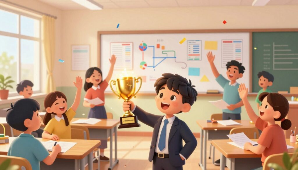 A bright, inviting classroom setting featuring a diverse group of students celebrating their academic achievements. In the foreground, a smiling student in professional attire holds a glowing, golden trophy labeled 'Achievement' with confetti falling around them. Surrounding them are classmates joyfully high-fiving and exchanging congratulatory notes. The middle ground showcases a whiteboard filled with colorful charts and study materials, symbolizing effective learning. In the background, large windows allow warm, natural light to flood the space, enhancing the positive atmosphere. The mood is lively and encouraging, encapsulating a sense of accomplishment and reward for hard work. Aim for a vibrant, slightly wide-angle perspective that highlights both the joyous expressions of the students and the organized study environment. A bright, inviting classroom setting featuring a diverse group of students celebrating their academic achievements. In the foreground, a smiling student in professional attire holds a glowing, golden trophy labeled 'Achievement' with confetti falling around them. Surrounding them are classmates joyfully high-fiving and exchanging congratulatory notes. The middle ground showcases a whiteboard filled with colorful charts and study materials, symbolizing effective learning. In the background, large windows allow warm, natural light to flood the space, enhancing the positive atmosphere. The mood is lively and encouraging, encapsulating a sense of accomplishment and reward for hard work. Aim for a vibrant, slightly wide-angle perspective that highlights both the joyous expressions of the students and the organized study environment.