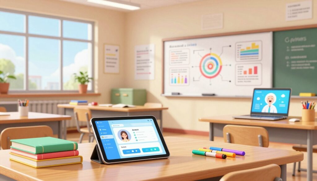 A bright, modern classroom filled with various innovative teaching tools. In the foreground, on a wooden desk, there are a tablet with educational apps open, a stack of colorful textbooks, and a set of vibrant markers. The middle ground showcases a whiteboard covered in interactive diagrams and charts, alongside a laptop displaying a friendly AI assistant interface. In the background, large windows let in natural light, enhancing a cheerful atmosphere. The room is decorated with posters of academic achievements and motivational quotes. The overall mood is one of inspiration and support, emphasizing collaboration between teachers and technology. The image should be well-lit, capturing a sense of focus and dedication in the design. A bright, modern classroom filled with various innovative teaching tools. In the foreground, on a wooden desk, there are a tablet with educational apps open, a stack of colorful textbooks, and a set of vibrant markers. The middle ground showcases a whiteboard covered in interactive diagrams and charts, alongside a laptop displaying a friendly AI assistant interface. In the background, large windows let in natural light, enhancing a cheerful atmosphere. The room is decorated with posters of academic achievements and motivational quotes. The overall mood is one of inspiration and support, emphasizing collaboration between teachers and technology. The image should be well-lit, capturing a sense of focus and dedication in the design.