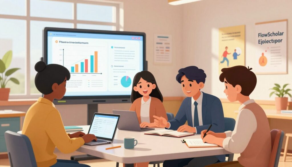 A bright, modern classroom setting that conveys a sense of inspiration and productivity. In the foreground, a diverse group of three students—two in professional business attire and one in modest casual clothing—are gathered around a rectangular table, engaging with digital devices and notebooks, showcasing their enthusiasm for learning. The middle ground features a large interactive whiteboard displaying colorful graphs and study materials relevant to science education. In the background, large windows let in warm, natural light, enhancing the inviting atmosphere. The scene is complemented by motivational posters on the walls, emphasizing collaboration and innovation. Capture the mood of excitement and focus as the students embark on their academic journey with FlowScholar, highlighting the technology and resources at their fingertips. A bright, modern classroom setting that conveys a sense of inspiration and productivity. In the foreground, a diverse group of three students—two in professional business attire and one in modest casual clothing—are gathered around a rectangular table, engaging with digital devices and notebooks, showcasing their enthusiasm for learning. The middle ground features a large interactive whiteboard displaying colorful graphs and study materials relevant to science education. In the background, large windows let in warm, natural light, enhancing the inviting atmosphere. The scene is complemented by motivational posters on the walls, emphasizing collaboration and innovation. Capture the mood of excitement and focus as the students embark on their academic journey with FlowScholar, highlighting the technology and resources at their fingertips.