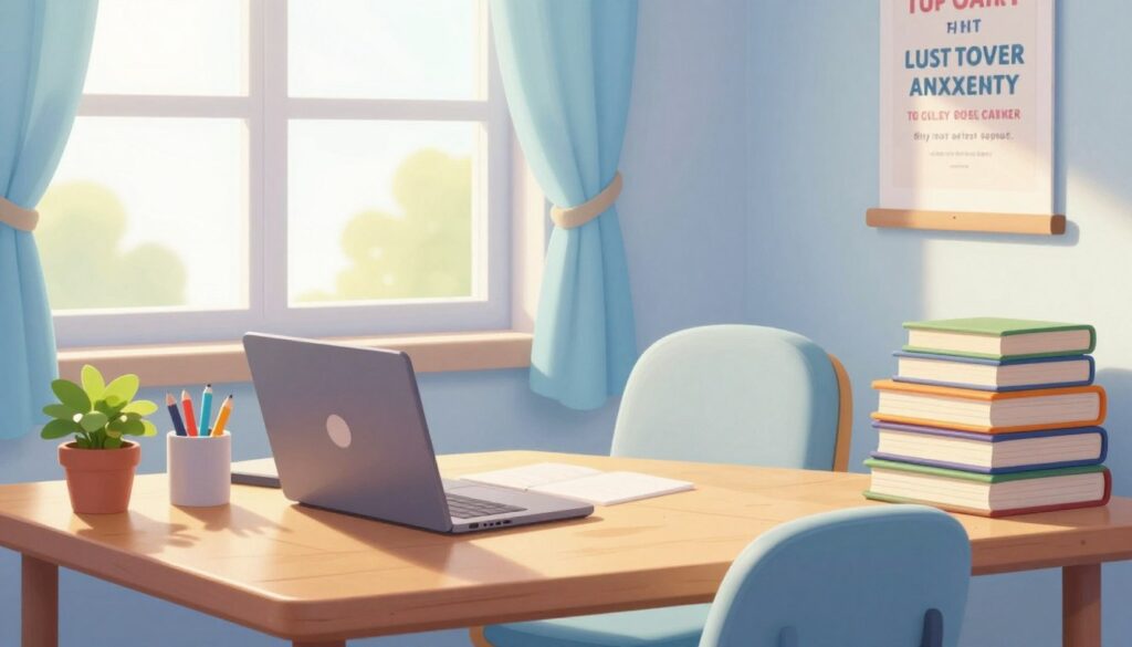A bright, organized study environment designed for optimal focus and productivity. In the foreground, a wooden desk with an open laptop, stationery neatly arranged, and a small potted plant adds a touch of greenery. In the middle, a comfortable chair with soft cushions facing the desk, and a stack of colorful, well-organized books on one side. In the background, a large window allowing natural light to flood the room, with sheer curtains gently flowing. A calming color palette of soft blues and whites enhances the serene atmosphere. The lighting is warm and inviting, creating a comforting mood. A motivational poster hangs on the wall, completing the positive ambiance of a supportive study space. Ideal for students seeking to reduce test anxiety and boost concentration. A bright, organized study environment designed for optimal focus and productivity. In the foreground, a wooden desk with an open laptop, stationery neatly arranged, and a small potted plant adds a touch of greenery. In the middle, a comfortable chair with soft cushions facing the desk, and a stack of colorful, well-organized books on one side. In the background, a large window allowing natural light to flood the room, with sheer curtains gently flowing. A calming color palette of soft blues and whites enhances the serene atmosphere. The lighting is warm and inviting, creating a comforting mood. A motivational poster hangs on the wall, completing the positive ambiance of a supportive study space. Ideal for students seeking to reduce test anxiety and boost concentration.