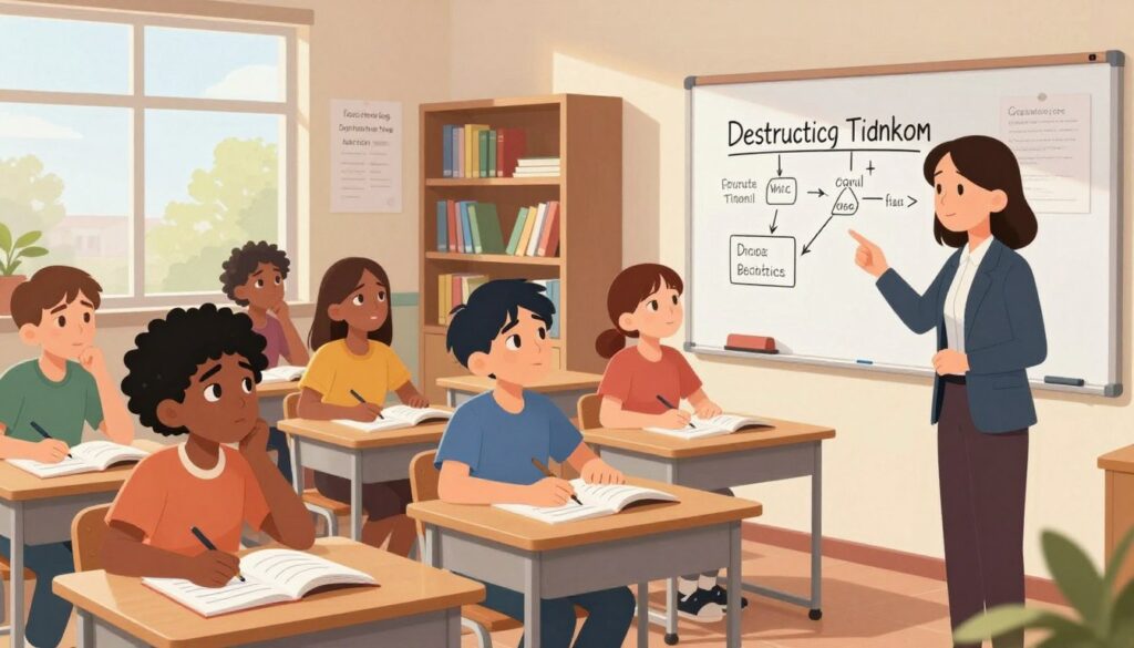 A calm and organized classroom setting, featuring a diverse group of students engaged in learning. In the foreground, a teacher in professional attire stands at a whiteboard, pointing to a flowchart that illustrates destructive thinking patterns. The middle ground shows students of varying ethnicities seated at desks, studying materials with focused expressions, their facial expressions reflecting determination and concern. The background contains shelves filled with educational books and posters promoting positive mindset techniques. Soft natural light streams in through large windows, casting a warm glow and creating an inviting atmosphere. The overall mood is one of introspection and growth, emphasizing the journey towards overcoming perfectionism in the learning environment. A calm and organized classroom setting, featuring a diverse group of students engaged in learning. In the foreground, a teacher in professional attire stands at a whiteboard, pointing to a flowchart that illustrates destructive thinking patterns. The middle ground shows students of varying ethnicities seated at desks, studying materials with focused expressions, their facial expressions reflecting determination and concern. The background contains shelves filled with educational books and posters promoting positive mindset techniques. Soft natural light streams in through large windows, casting a warm glow and creating an inviting atmosphere. The overall mood is one of introspection and growth, emphasizing the journey towards overcoming perfectionism in the learning environment.