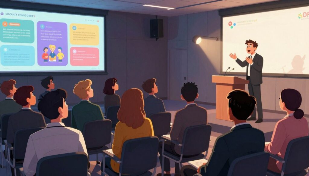 A captivated audience in a modern conference hall, all seated and facing a dynamic speaker at a podium. In the foreground, a diverse group of focused individuals in professional business attire, attentively leaning forward with expressions of curiosity and engagement. The middle layer features the speaker, a charismatic figure gesturing passionately, illuminated by a bright spotlight that highlights their animated features. The background reveals a large screen displaying vibrant visuals related to storytelling and viewer engagement, adding a sense of depth and intrigue. Soft, ambient lighting creates an inviting atmosphere, while a wide-angle lens captures the excitement in the room, emphasizing the connection between the speaker and the audience. The overall mood is electric, filled with anticipation and interest, showcasing the psychological triggers that hold viewers' attention.