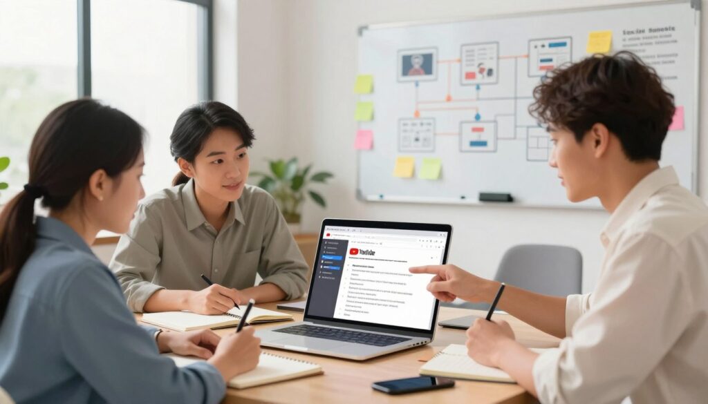 A clean, modern workspace featuring a well-organized desk with a laptop open, displaying a YouTube video script template on the screen. In the foreground, a diverse group of three professionals, dressed in smart casual attire, collaborate over the laptop, examining the script with focused expressions. One person points to a key point on the screen, while another takes notes, conveying teamwork and creativity. In the middle ground, colorful sticky notes and digital planners are scattered, highlighting brainstorming processes. In the background, a whiteboard filled with video structure diagrams and retention strategies adds depth and context to the scene. Soft, natural lighting filters through a large window, creating an inviting and productive atmosphere. The angle captures the interplay of collaboration and technology in a contemporary setting. A clean, modern workspace featuring a well-organized desk with a laptop open, displaying a YouTube video script template on the screen. In the foreground, a diverse group of three professionals, dressed in smart casual attire, collaborate over the laptop, examining the script with focused expressions. One person points to a key point on the screen, while another takes notes, conveying teamwork and creativity. In the middle ground, colorful sticky notes and digital planners are scattered, highlighting brainstorming processes. In the background, a whiteboard filled with video structure diagrams and retention strategies adds depth and context to the scene. Soft, natural lighting filters through a large window, creating an inviting and productive atmosphere. The angle captures the interplay of collaboration and technology in a contemporary setting.