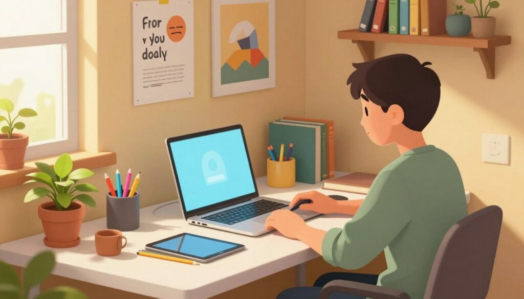 A cozy and well-organized study environment, featuring a modern desk arranged with digital tools like a laptop, tablet, and books. In the foreground, a focused student in modest casual clothing sits at the desk, surrounded by colorful stationery and a potted plant. The middle ground shows a warm-toned wall with motivational artwork and shelves filled with educational resources. In the background, a window allows soft natural light to filter in, creating a serene atmosphere. The scene has a professional yet inviting mood, ideal for fostering concentration and productivity. The composition should be captured from a slightly elevated angle to emphasize the workspace and the engaged student, with an overall sense of calm and inspiration. A cozy and well-organized study environment, featuring a modern desk arranged with digital tools like a laptop, tablet, and books. In the foreground, a focused student in modest casual clothing sits at the desk, surrounded by colorful stationery and a potted plant. The middle ground shows a warm-toned wall with motivational artwork and shelves filled with educational resources. In the background, a window allows soft natural light to filter in, creating a serene atmosphere. The scene has a professional yet inviting mood, ideal for fostering concentration and productivity. The composition should be captured from a slightly elevated angle to emphasize the workspace and the engaged student, with an overall sense of calm and inspiration.