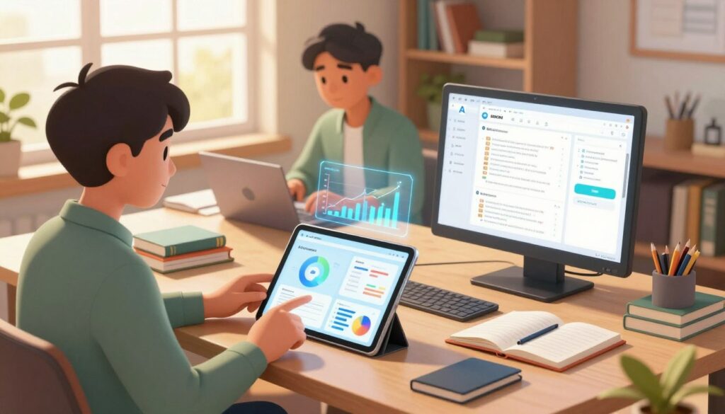 A cozy, well-lit study room featuring a diverse group of three students engaged in their daily study habits, surrounded by intelligent AI tools. In the foreground, a student wearing professional casual attire is using a tablet with an AI study assistant, analyzing data visually displayed on the screen. In the middle ground, another student is working with a laptop, utilizing a virtual whiteboard that showcases AI-generated study plans. Books and notebooks are neatly placed on a large desk, with holographic graphs floating above it, symbolizing advanced technology integration. In the background, sunlight streams through a window, casting a warm glow, creating an inspiring and collaborative atmosphere that emphasizes focus and academic growth.