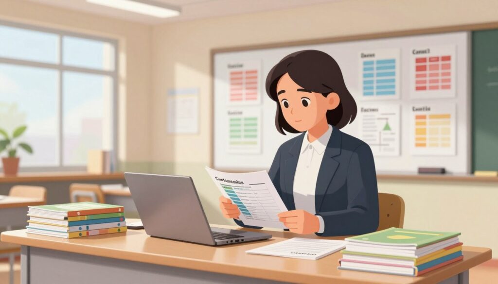 A dedicated teacher focused on curriculum alignment stands at a modern classroom desk, examining lesson plans and educational standards. She is dressed in professional business attire, engaged in her work with a laptop open in front of her. In the foreground, stacks of curriculum guides and instructional materials are neatly organized around her. The middle ground reveals a whiteboard filled with colorful charts and diagrams related to learning objectives and core standards. In the background, a bright and inviting classroom with large windows allows natural light to illuminate the space. The atmosphere is one of focus and organization, promoting a sense of efficiency and planning in education. The composition is balanced, with warm lighting creating a collaborative and inspiring environment.