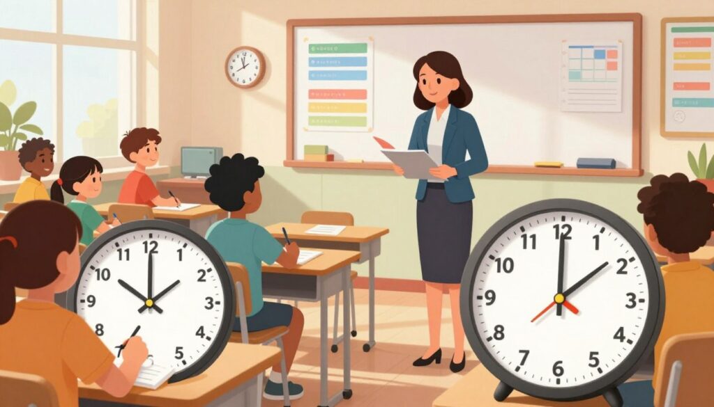 A diverse classroom scene depicting a teacher, dressed in professional attire, efficiently managing time while interacting with students of mixed grade levels. In the foreground, a large clock prominently displays the time, symbolizing effective time management. The middle ground shows the teacher engaging with students at their desks, some working on worksheets while others participate in a group discussion, highlighting collaboration and organization. The background features a whiteboard with colorful charts and timers, creating an atmosphere of structured learning. Bright, natural lighting filters in through windows, casting a warm glow throughout the space. The overall mood is one of focus and productivity, emphasizing the importance of maximizing classroom efficiency. A diverse classroom scene depicting a teacher, dressed in professional attire, efficiently managing time while interacting with students of mixed grade levels. In the foreground, a large clock prominently displays the time, symbolizing effective time management. The middle ground shows the teacher engaging with students at their desks, some working on worksheets while others participate in a group discussion, highlighting collaboration and organization. The background features a whiteboard with colorful charts and timers, creating an atmosphere of structured learning. Bright, natural lighting filters in through windows, casting a warm glow throughout the space. The overall mood is one of focus and productivity, emphasizing the importance of maximizing classroom efficiency.