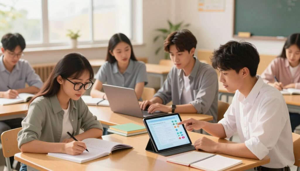 A diverse group of students engaged in a collaborative study session in a modern, sunlit classroom. In the foreground, a focused female student with glasses takes notes, while a male student in a button-up shirt points at a tablet displaying interactive study aids. In the middle ground, two students share ideas over a laptop, surrounded by colorful notebooks and educational materials. The background features large windows allowing warm, natural light to illuminate the space, creating an inviting atmosphere. The setting is lively yet calm, reflecting a sense of teamwork and engagement in learning. The lens captures the scene from a slightly elevated angle, emphasizing the collaboration and camaraderie among the students, dressed in professional attire and casual yet neat clothing, engaged in their educational pursuit. A diverse group of students engaged in a collaborative study session in a modern, sunlit classroom. In the foreground, a focused female student with glasses takes notes, while a male student in a button-up shirt points at a tablet displaying interactive study aids. In the middle ground, two students share ideas over a laptop, surrounded by colorful notebooks and educational materials. The background features large windows allowing warm, natural light to illuminate the space, creating an inviting atmosphere. The setting is lively yet calm, reflecting a sense of teamwork and engagement in learning. The lens captures the scene from a slightly elevated angle, emphasizing the collaboration and camaraderie among the students, dressed in professional attire and casual yet neat clothing, engaged in their educational pursuit.