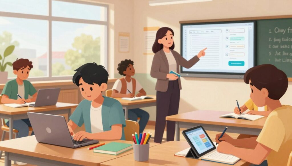 A diverse group of students engaged in personalized writing assistance in a bright, modern classroom setting. In the foreground, a focused student types on a laptop, surrounded by open notebooks and colorful stationery, while another student works on a tablet, both displaying expressions of concentration and collaboration. In the middle ground, a supportive teacher assists a student in business casual attire, pointing at a digital display of writing tools and resources. In the background, large windows let in soft, natural light, illuminating the room filled with motivational posters and shelves of books. The atmosphere is positive and inspiring, reflecting creativity and academic focus. The composition should be shot from a slightly elevated angle to capture the interaction and engagement among the students and teacher.