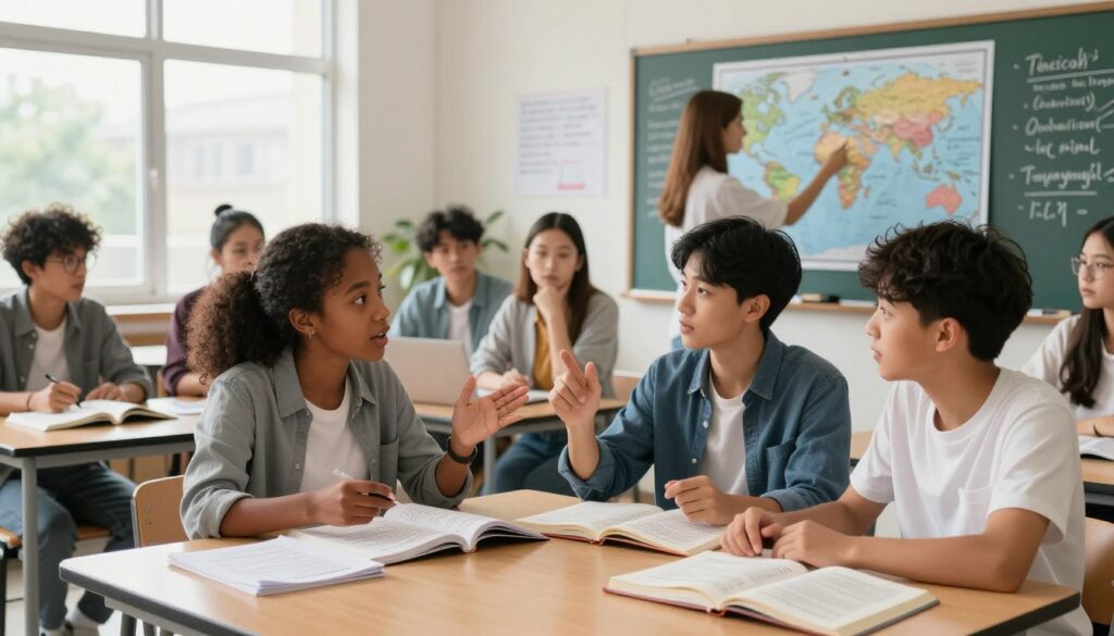 A diverse group of students in a brightly lit classroom engaged in a lively discussion, emphasizing critical thinking. In the foreground, two students of different ethnicities, a Black girl and a Hispanic boy, are animatedly sharing ideas around a table strewn with open textbooks and notebooks filled with notes. In the middle ground, a few more students, including a Caucasian girl and an Asian boy, are thoughtfully analyzing a world map on the wall, deep in conversation. The background features a chalkboard with diagrams and questions encouraging debate. The atmosphere is dynamic and collaborative, with natural light streaming through large windows, illuminating their focused expressions. The students wear professional business attire and modest casual clothing, reflecting an environment of respect and academic growth.