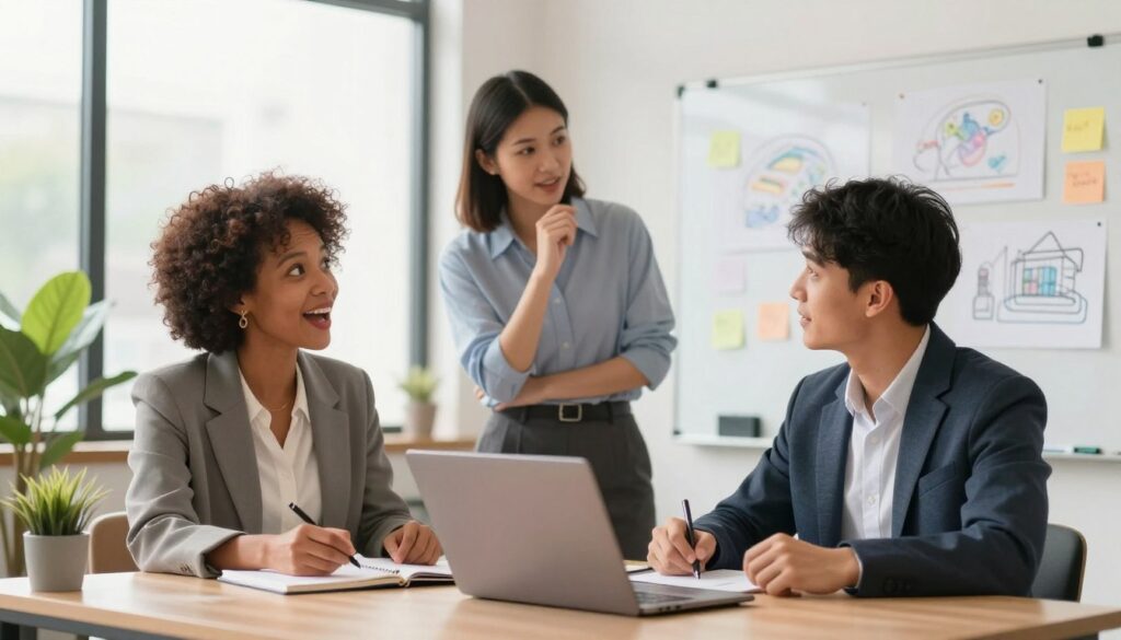 A diverse group of three professionals in a modern office setting, engaged in a productive brainstorming session. In the foreground, a middle-aged Black woman in smart business attire is enthusiastically presenting her ideas with a laptop open in front of her, while a young Hispanic man in a casual shirt and blazer takes notes. The middle ground features a white woman, dressed in a stylish but professional outfit, gesturing thoughtfully as she contributes to the discussion. The background showcases large windows with natural light streaming in, plants in the corners, and a whiteboard filled with colorful sketches and sticky notes, creating an inspiring and collaborative atmosphere. The mood is focused yet upbeat, emphasizing teamwork and innovation. Utilize a soft-focus lens for a warm glow, capturing the essence of creativity and connection. A diverse group of three professionals in a modern office setting, engaged in a productive brainstorming session. In the foreground, a middle-aged Black woman in smart business attire is enthusiastically presenting her ideas with a laptop open in front of her, while a young Hispanic man in a casual shirt and blazer takes notes. The middle ground features a white woman, dressed in a stylish but professional outfit, gesturing thoughtfully as she contributes to the discussion. The background showcases large windows with natural light streaming in, plants in the corners, and a whiteboard filled with colorful sketches and sticky notes, creating an inspiring and collaborative atmosphere. The mood is focused yet upbeat, emphasizing teamwork and innovation. Utilize a soft-focus lens for a warm glow, capturing the essence of creativity and connection.
