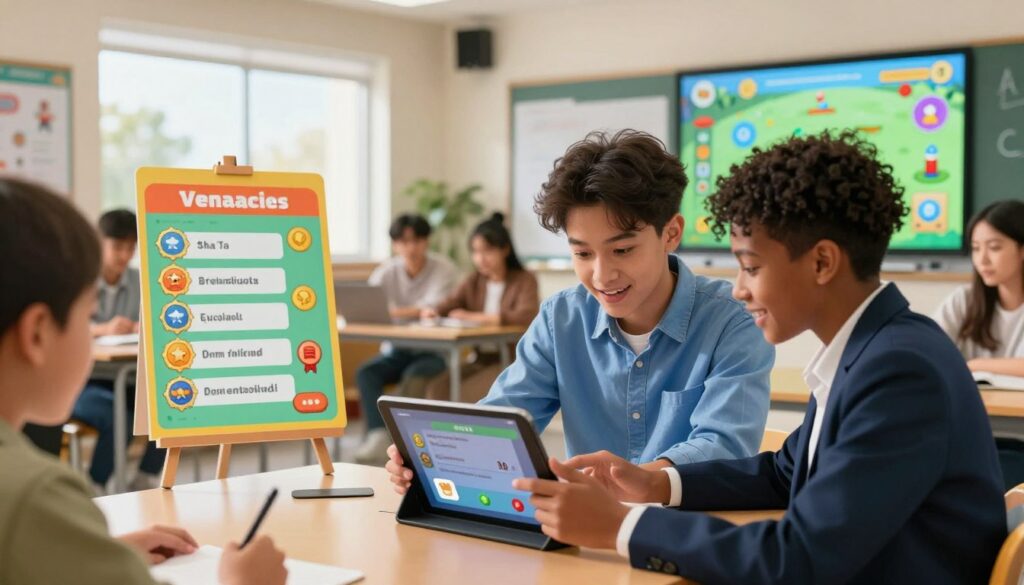 A dynamic classroom scene filled with diverse students engaged in gamification activities. In the foreground, two students of different ethnic backgrounds, one wearing a blue button-up shirt and the other in a smart-casual outfit, collaborate on a digital tablet, enthusiastically discussing their ideas. In the middle ground, a colorful display of gamification charts and badges is visible, showcasing rewards for various achievements. The background features an interactive whiteboard with vibrant graphics and educational game elements, creating an inviting atmosphere. Natural light streams through large windows, illuminating the space and enhancing the excitement. The mood is energetic and inspiring, emphasizing active participation and collaboration in learning. The perspective is slightly angled to capture the depth of the classroom and the focus on student engagement. A dynamic classroom scene filled with diverse students engaged in gamification activities. In the foreground, two students of different ethnic backgrounds, one wearing a blue button-up shirt and the other in a smart-casual outfit, collaborate on a digital tablet, enthusiastically discussing their ideas. In the middle ground, a colorful display of gamification charts and badges is visible, showcasing rewards for various achievements. The background features an interactive whiteboard with vibrant graphics and educational game elements, creating an inviting atmosphere. Natural light streams through large windows, illuminating the space and enhancing the excitement. The mood is energetic and inspiring, emphasizing active participation and collaboration in learning. The perspective is slightly angled to capture the depth of the classroom and the focus on student engagement.