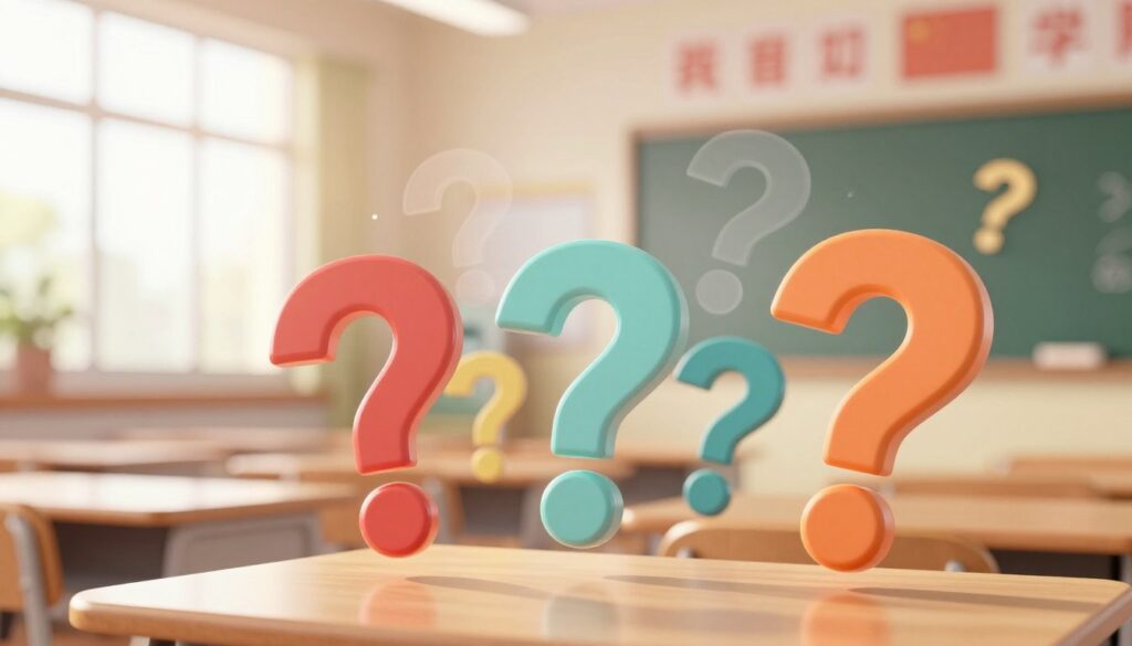 A dynamic composition illustrating a series of floating question marks in various sizes, representing inquiry and curiosity. In the foreground, bold, colorful question marks cascade gently, with some stylized in 3D to create depth. The middle layer features an array of subtle, translucent question marks intersecting, symbolizing the complexity of educational challenges. The background is a blurred classroom setting bathed in warm, natural light, with hints of educational materials on desks, creating an inviting academic environment. A slight lens flare from a window enhances the mood of inspiration and engagement, conveying a sense of progression towards understanding. The overall atmosphere is uplifting and focused, reflecting the theme of enhancing student skills through targeted learning methods. A dynamic composition illustrating a series of floating question marks in various sizes, representing inquiry and curiosity. In the foreground, bold, colorful question marks cascade gently, with some stylized in 3D to create depth. The middle layer features an array of subtle, translucent question marks intersecting, symbolizing the complexity of educational challenges. The background is a blurred classroom setting bathed in warm, natural light, with hints of educational materials on desks, creating an inviting academic environment. A slight lens flare from a window enhances the mood of inspiration and engagement, conveying a sense of progression towards understanding. The overall atmosphere is uplifting and focused, reflecting the theme of enhancing student skills through targeted learning methods.