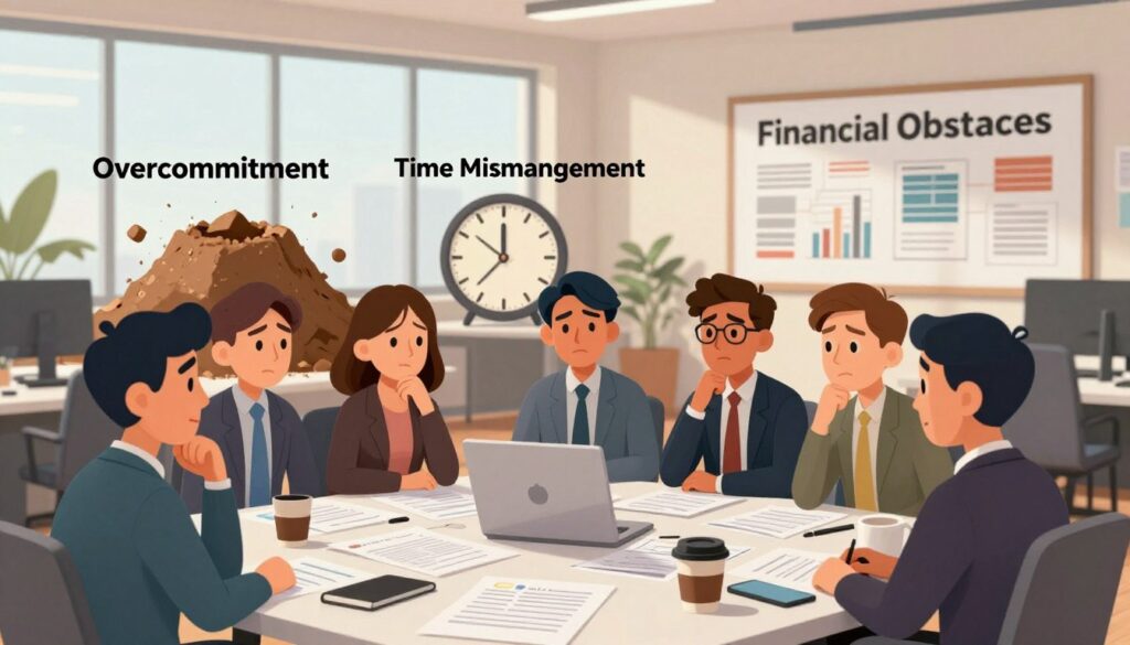 A dynamic illustration of common pitfalls faced by founders in a startup environment. In the foreground, a diverse group of small business founders, dressed in professional business attire, exhibit expressions of concern and reflection, gathered around a cluttered desk filled with paperwork, digital devices, and coffee cups. In the middle ground, symbolic representations of pitfalls—such as a large pit labeled "Overcommitment," a clock symbolizing "Time Mismanagement," and a wall of "Financial Obstacles"—can be seen. The background showcases a modern office space with large windows letting in soft, natural light, creating a sense of an open and collaborative atmosphere. The mood is thoughtful and focused, capturing the challenges of entrepreneurship while encouraging resilience and strategic thinking.