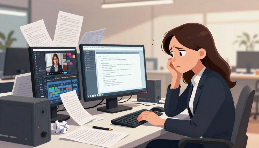A dynamic, illustrative scene depicting "video conversion mistakes." In the foreground, a frustrated businesswoman sits at her cluttered desk, intently watching a computer screen filled with error messages and poor video statistics. Her expression conveys disappointment, highlighting the emotional toll of conversion failures. In the middle ground, a chaotic array of video editing tools, discarded scripts, and crumpled papers convey a sense of confusion and frustration. The background features a modern office environment with soft, diffused lighting that casts a warm glow, creating a somewhat tense but professional atmosphere. The camera angle is slightly elevated, capturing both the businesswoman and her messy workspace, emphasizing the impact of common mistakes on conversion rates. The overall mood is one of urgency and a call to improvement, devoid of any text or distractions.