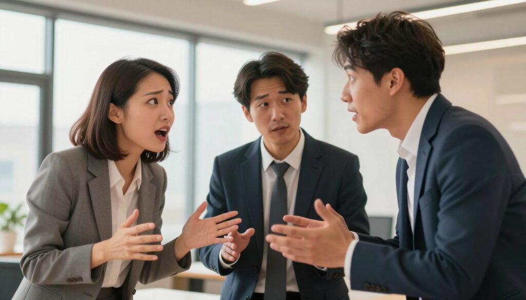 A dynamic scene capturing a diverse group of three people engaged in an enthusiastic discussion, each wearing professional business attire. In the foreground, focus on a woman with striking facial expressions that convey excitement and curiosity, her hands animatedly gesturing. In the middle, a man nods intently, showcasing his engagement, while a person to the side leans in, captivated by the conversation. The background features a softly blurred, modern office environment with large windows allowing warm, natural light to pour in, creating an inviting atmosphere. Use a slightly lower angle to emphasize the connection among the trio and enhance the feeling of immediacy. The mood is energetic and inspiring, signifying the power of making an impactful connection within three seconds.