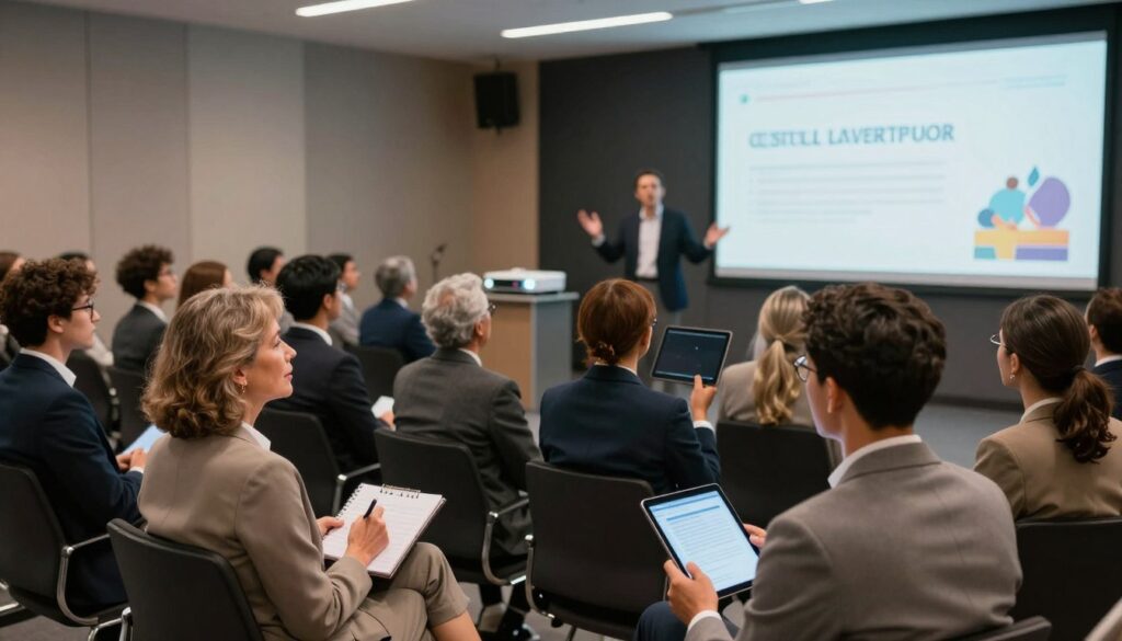 A dynamic scene portraying an engaged audience in a modern conference hall, with diverse individuals of various ethnicities and ages dressed in professional business attire, all focused intently on a large screen displaying a captivating presentation. In the foreground, a middle-aged woman takes notes, while a young man leans forward, reflecting curiosity and attentiveness. The middle ground features a speaker animatedly gesturing, utilizing technology such as a tablet and smart projector, creating an atmosphere of excitement and inspiration. In the background, soft ambient lighting creates a warm, inviting atmosphere, with blurred audience members subtly hinting at a larger crowd. The angle of the shot is slightly elevated, giving a panoramic view of the interaction, highlighting the importance of technology in holding audience attention.
