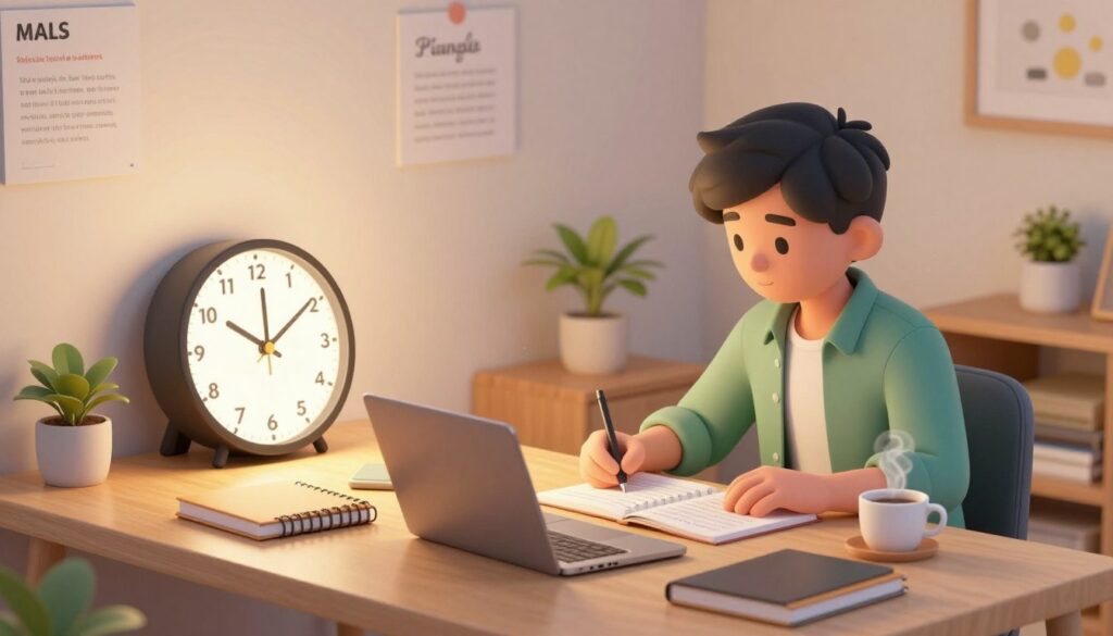 A focused study environment featuring a modern desk with a stylish clock set to a Pomodoro timer. In the foreground, a student wearing smart casual clothing is engrossed in their study materials, surrounded by notebooks, a laptop, and a steaming cup of coffee. The middle ground includes a soft, warm light illuminating the workspace, creating a cozy atmosphere. In the background, a wall with motivational quotes and a small indoor plant adds to the inviting feel of the space. The image is framed from a slightly elevated angle, showcasing both the student’s concentration and the organized study setup. The overall mood is calm and productive, reflecting the efficiency of the Pomodoro method in managing study sessions. A focused study environment featuring a modern desk with a stylish clock set to a Pomodoro timer. In the foreground, a student wearing smart casual clothing is engrossed in their study materials, surrounded by notebooks, a laptop, and a steaming cup of coffee. The middle ground includes a soft, warm light illuminating the workspace, creating a cozy atmosphere. In the background, a wall with motivational quotes and a small indoor plant adds to the inviting feel of the space. The image is framed from a slightly elevated angle, showcasing both the student’s concentration and the organized study setup. The overall mood is calm and productive, reflecting the efficiency of the Pomodoro method in managing study sessions.