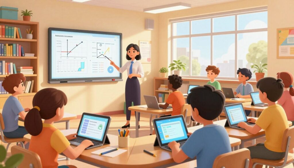 A modern classroom bustling with activity, featuring diverse students engaging with AI-driven technology. In the foreground, a teacher in professional attire is guiding a group of students, all focused on tablets displaying interactive learning content. The middle layer shows a digital whiteboard with graphs and analytics illustrating progress in math, reading, and writing. The background depicts bookshelves filled with educational resources, colorful posters, and large windows allowing natural light to stream in, creating an inviting atmosphere. The lighting is warm and bright, suggesting a productive and dynamic learning environment. The composition has a slight perspective angle, emphasizing collaboration and innovation in education.