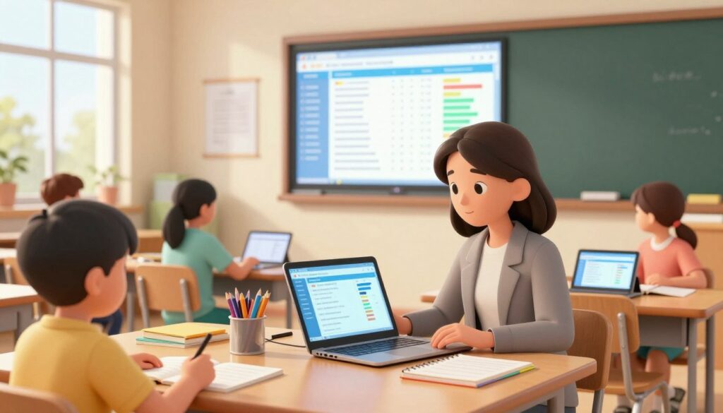 A modern classroom scene capturing the essence of "streamlining assessment and feedback." In the foreground, a teacher in modest professional attire reviews digital assessment tools on a laptop, with a focused expression. Surrounding her are student desks with various art supplies, notebooks, and tablets, indicating a mixed-grade environment. The middle ground features a large digital board displaying interactive feedback profiles and progress charts, emphasizing clarity and efficiency. In the background, soft natural light filters through large windows, creating a warm and inviting atmosphere. The overall mood is collaborative and inspiring, showcasing a dynamic learning space where technology enhances teaching methods seamlessly. The composition is taken at a slight angle to evoke depth, highlighting the modern educational tools in use. A modern classroom scene capturing the essence of "streamlining assessment and feedback." In the foreground, a teacher in modest professional attire reviews digital assessment tools on a laptop, with a focused expression. Surrounding her are student desks with various art supplies, notebooks, and tablets, indicating a mixed-grade environment. The middle ground features a large digital board displaying interactive feedback profiles and progress charts, emphasizing clarity and efficiency. In the background, soft natural light filters through large windows, creating a warm and inviting atmosphere. The overall mood is collaborative and inspiring, showcasing a dynamic learning space where technology enhances teaching methods seamlessly. The composition is taken at a slight angle to evoke depth, highlighting the modern educational tools in use.