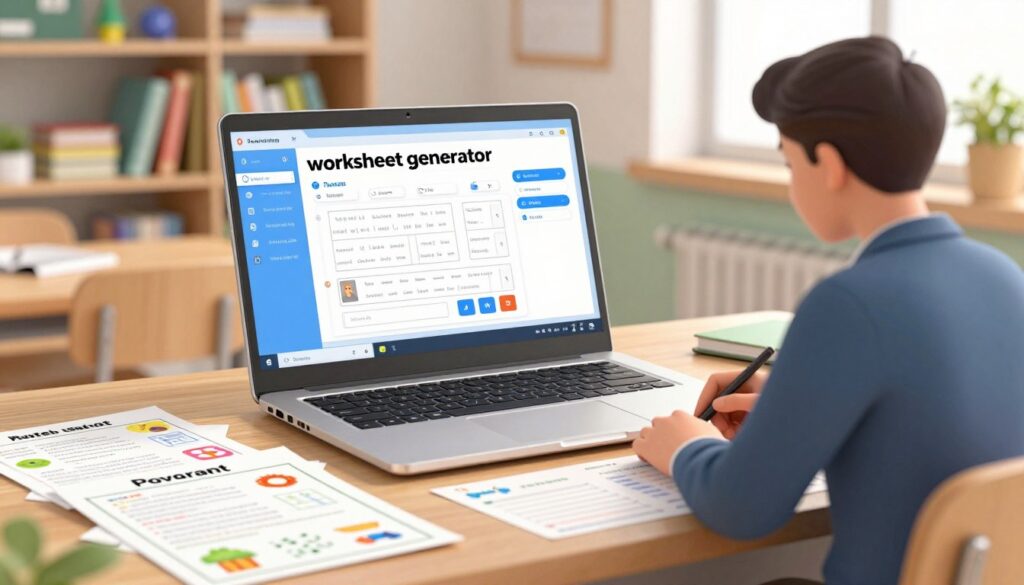A modern classroom scene showcasing a "worksheet generator" on a sleek laptop open on a teacher’s desk. In the foreground, vibrant worksheets with colorful graphics are scattered around, hinting at engaging educational content. The middle ground features the laptop screen displaying an intuitive interface with drag-and-drop elements for easy lesson planning, with a teacher, dressed in professional attire, focused on creating tailored practice materials. In the background, shelves filled with educational books and tools, with soft natural light streaming in through a window, creating an inviting and productive atmosphere. The overall mood is energetic and inspiring, capturing the transformative power of technology in lesson planning.