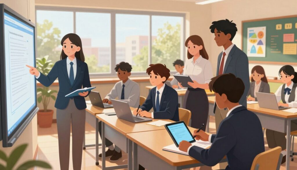 A modern classroom scene showcasing students engaging with technology support. In the foreground, a diverse group of high school students, dressed in professional business attire, is gathered around a sleek, interactive digital whiteboard, focused on collaborating on a project. One student is pointing at the screen while another takes notes on a tablet. In the middle, desks are equipped with laptops and various gadgets, reflecting a high-tech environment. The background features large windows that let in warm, natural light, illuminating colorful educational posters on the walls. The atmosphere should feel energetic and collaborative, emphasizing the use of technology in enhancing learning experiences, with soft focus on the surroundings to highlight the students' engagement. A modern classroom scene showcasing students engaging with technology support. In the foreground, a diverse group of high school students, dressed in professional business attire, is gathered around a sleek, interactive digital whiteboard, focused on collaborating on a project. One student is pointing at the screen while another takes notes on a tablet. In the middle, desks are equipped with laptops and various gadgets, reflecting a high-tech environment. The background features large windows that let in warm, natural light, illuminating colorful educational posters on the walls. The atmosphere should feel energetic and collaborative, emphasizing the use of technology in enhancing learning experiences, with soft focus on the surroundings to highlight the students' engagement.