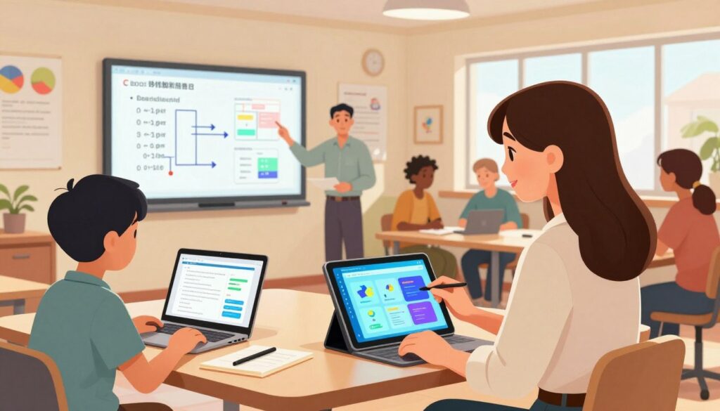 A modern classroom setting featuring a diverse group of professional tutors actively engaging with AI tools integrated into their teaching workflow. In the foreground, a female tutor in smart casual attire is using a tablet with educational software, displaying vibrant graphics and charts. To her left, a male tutor assists a student with a laptop, showcasing the collaboration between AI technology and personalized learning. In the middle ground, a smart whiteboard displays algorithmic diagrams and teaching resources, while other tutors discuss strategies around a table with notebooks and digital devices. The background features a bright, well-organized classroom with educational posters, warm lighting filtering through large windows, creating an atmosphere of innovation, collaboration, and motivation. The composition is well-balanced, emphasizing the blend of traditional teaching methods and cutting-edge AI solutions in a harmonious educational environment. A modern classroom setting featuring a diverse group of professional tutors actively engaging with AI tools integrated into their teaching workflow. In the foreground, a female tutor in smart casual attire is using a tablet with educational software, displaying vibrant graphics and charts. To her left, a male tutor assists a student with a laptop, showcasing the collaboration between AI technology and personalized learning. In the middle ground, a smart whiteboard displays algorithmic diagrams and teaching resources, while other tutors discuss strategies around a table with notebooks and digital devices. The background features a bright, well-organized classroom with educational posters, warm lighting filtering through large windows, creating an atmosphere of innovation, collaboration, and motivation. The composition is well-balanced, emphasizing the blend of traditional teaching methods and cutting-edge AI solutions in a harmonious educational environment.