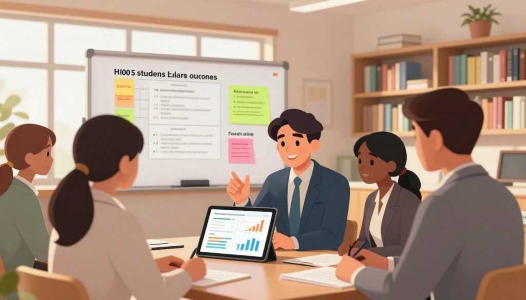 A modern classroom setting focusing on measuring student learning outcomes. In the foreground, a diverse group of educators (two women and one man) dressed in professional business attire actively discussing data on a tablet, showcasing graphs and charts that visualize students' performance metrics. In the middle ground, a large whiteboard displays colorful sticky notes with objectives and outcomes clearly outlined. The background features bookshelves filled with educational resources and a large window letting in warm, natural light, creating an inviting atmosphere. The room is bright and organized, embodying a collaborative educational environment. Capture the scene from a slightly elevated angle to emphasize interaction among the educators, with soft, diffuse lighting enhancing the professional and focused mood. A modern classroom setting focusing on measuring student learning outcomes. In the foreground, a diverse group of educators (two women and one man) dressed in professional business attire actively discussing data on a tablet, showcasing graphs and charts that visualize students' performance metrics. In the middle ground, a large whiteboard displays colorful sticky notes with objectives and outcomes clearly outlined. The background features bookshelves filled with educational resources and a large window letting in warm, natural light, creating an inviting atmosphere. The room is bright and organized, embodying a collaborative educational environment. Capture the scene from a slightly elevated angle to emphasize interaction among the educators, with soft, diffuse lighting enhancing the professional and focused mood.