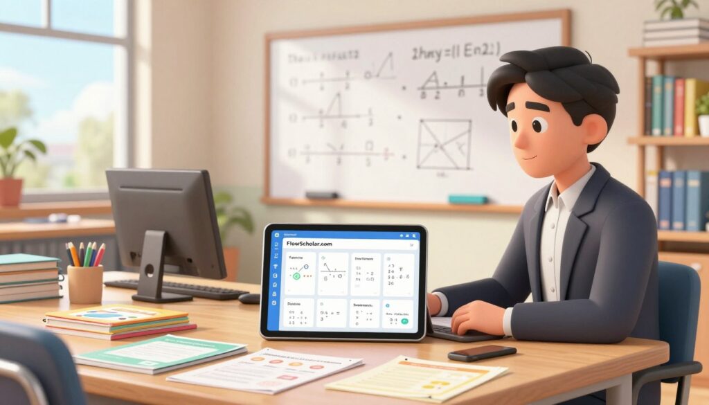 A modern classroom setting where a focused math teacher, dressed in professional attire, is seated at a desk filled with colorful curriculum materials and digital devices. The foreground features a tablet displaying a user-friendly interface of FlowScholar.com, showcasing math problem sets creatively organized. In the middle ground, a whiteboard filled with math equations and charts suggests an engaging learning environment. The background reveals shelves stacked with textbooks and educational resources, with soft, natural light streaming in from a large window, creating an inspiring and productive atmosphere. The composition conveys a sense of efficiency and innovation in curriculum development, with a balanced angle that invites viewers into this dynamic learning space. A modern classroom setting where a focused math teacher, dressed in professional attire, is seated at a desk filled with colorful curriculum materials and digital devices. The foreground features a tablet displaying a user-friendly interface of FlowScholar.com, showcasing math problem sets creatively organized. In the middle ground, a whiteboard filled with math equations and charts suggests an engaging learning environment. The background reveals shelves stacked with textbooks and educational resources, with soft, natural light streaming in from a large window, creating an inspiring and productive atmosphere. The composition conveys a sense of efficiency and innovation in curriculum development, with a balanced angle that invites viewers into this dynamic learning space.