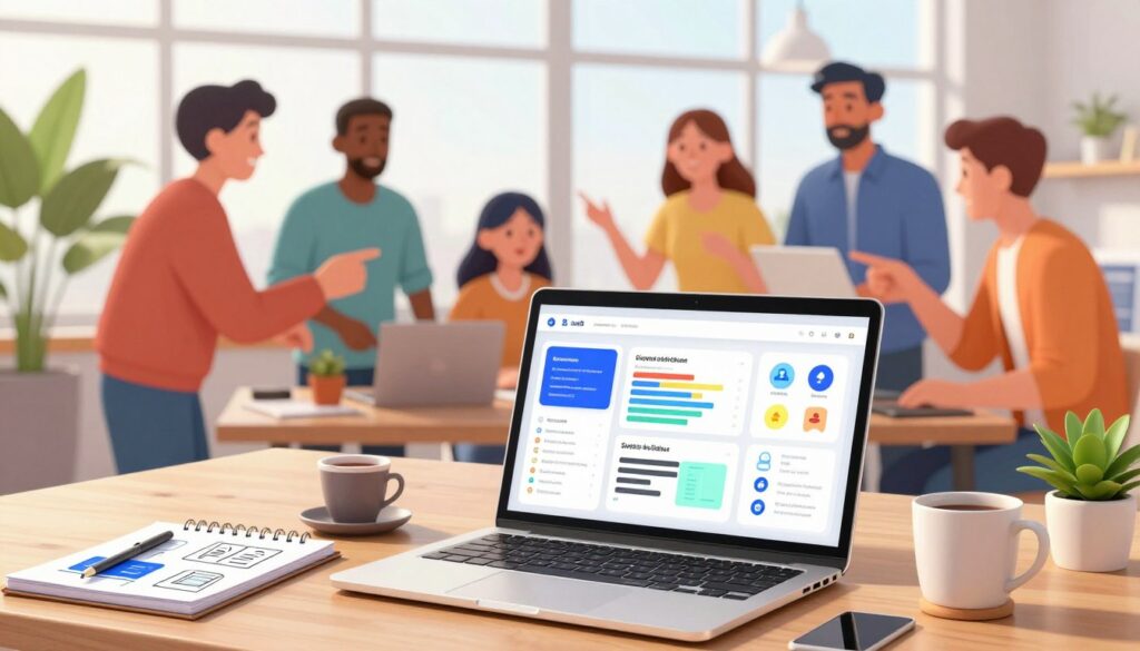 A modern digital workspace showcasing various SaaS builder tools in action. In the foreground, a sleek laptop displays a vibrant user interface filled with colorful dashboards, charts, and code snippets, surrounded by user-friendly icons. An organized workspace includes a notepad with sketches of software designs and a cup of coffee. In the middle ground, a diverse group of professionals in smart casual attire collaborates animatedly, pointing at the screen and discussing ideas. The background features a large window with ample natural light, casting a warm glow over the scene, and a few potted plants for a touch of greenery. The overall atmosphere is one of creativity and teamwork, emphasizing innovation in software development.