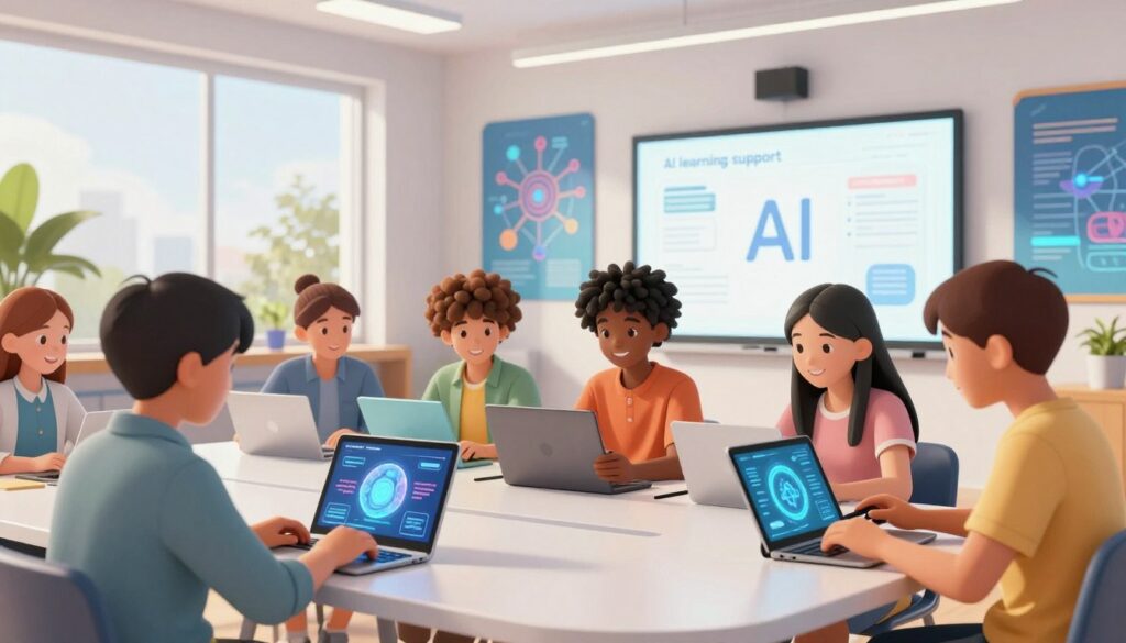 A modern educational scene showcasing "AI learning support". In the foreground, a diverse group of students, aged 10-14, engaged with tablets and laptops displaying intuitive AI interfaces. They are dressed in casual but neat clothing, focused and smiling, illustrating collaboration and engagement. In the middle ground, a sleek, high-tech learning space with interactive whiteboards and vibrant, tech-themed wall art accentuating the educational environment. Bright, natural lighting floods the scene through large windows, creating a warm, inviting atmosphere. In the background, abstract representations of artificial intelligence concepts, like neural networks and data graphs, subtly blended into the decor to symbolize technological integration. The mood is optimistic and inspiring, showcasing a future where AI empowers learning. A modern educational scene showcasing "AI learning support". In the foreground, a diverse group of students, aged 10-14, engaged with tablets and laptops displaying intuitive AI interfaces. They are dressed in casual but neat clothing, focused and smiling, illustrating collaboration and engagement. In the middle ground, a sleek, high-tech learning space with interactive whiteboards and vibrant, tech-themed wall art accentuating the educational environment. Bright, natural lighting floods the scene through large windows, creating a warm, inviting atmosphere. In the background, abstract representations of artificial intelligence concepts, like neural networks and data graphs, subtly blended into the decor to symbolize technological integration. The mood is optimistic and inspiring, showcasing a future where AI empowers learning.
