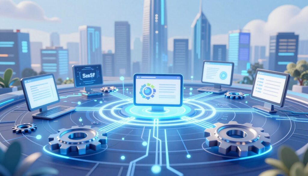 A modern, high-tech illustration depicting network effects and integrations in a dynamic digital landscape. In the foreground, interconnected gears and circuit-like patterns symbolize collaboration and synergy, with glowing lines representing data flow. The middle layer features abstract representations of various software applications, seamlessly integrating with each other, creating a vibrant web of interactions. In the background, a sleek city skyline reflects technological advancement, bathed in a soft blue and white lighting. A depth of field effect focuses on the foreground elements while keeping the skyline slightly blurred, suggesting growth and future potential. The overall mood conveys innovation, collaboration, and a sense of limitless possibilities for solo founders and small teams in the SaaS ecosystem.